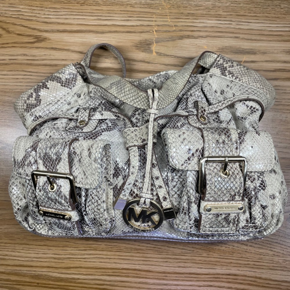 Michael Kors Women Shoulder Bag Snakeskin Embossed Leather Lg Hobo Gold Hardware - Picture 2 of 9